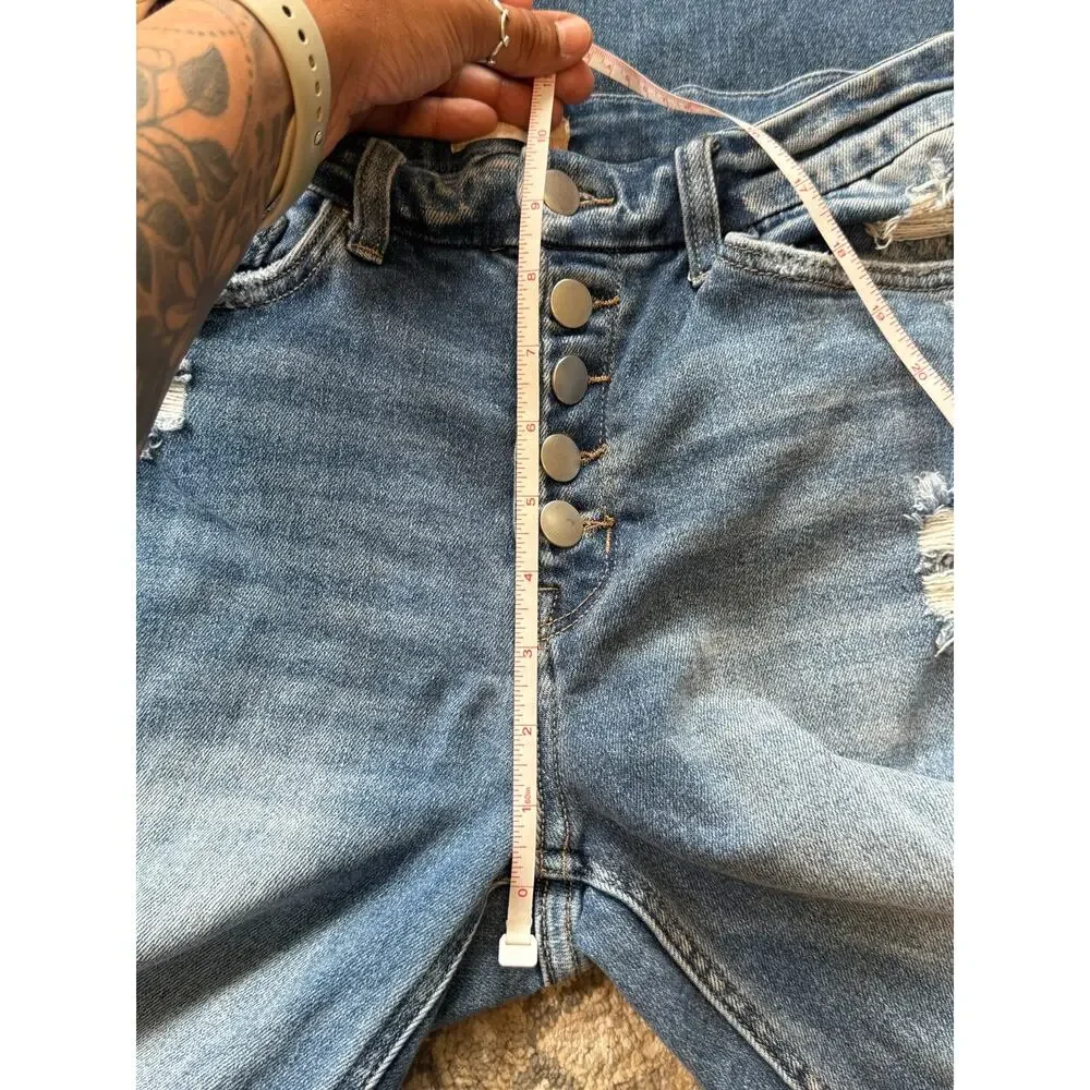 Altar’d State High Rise Distressed Flare Jeans Women 28 Raw Hem Button Fly Denim